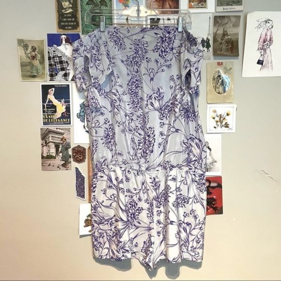 AMANDA UPRICHARD SILK OFF THE SHOULDER TIE PURPLE WHITE FLORAL ROMPER M - Picture 1 of 7